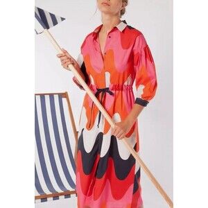 Vilagallo Midi Shirt Dress Women Cotton Preppy Tropical Colored Wave Print Sz 6